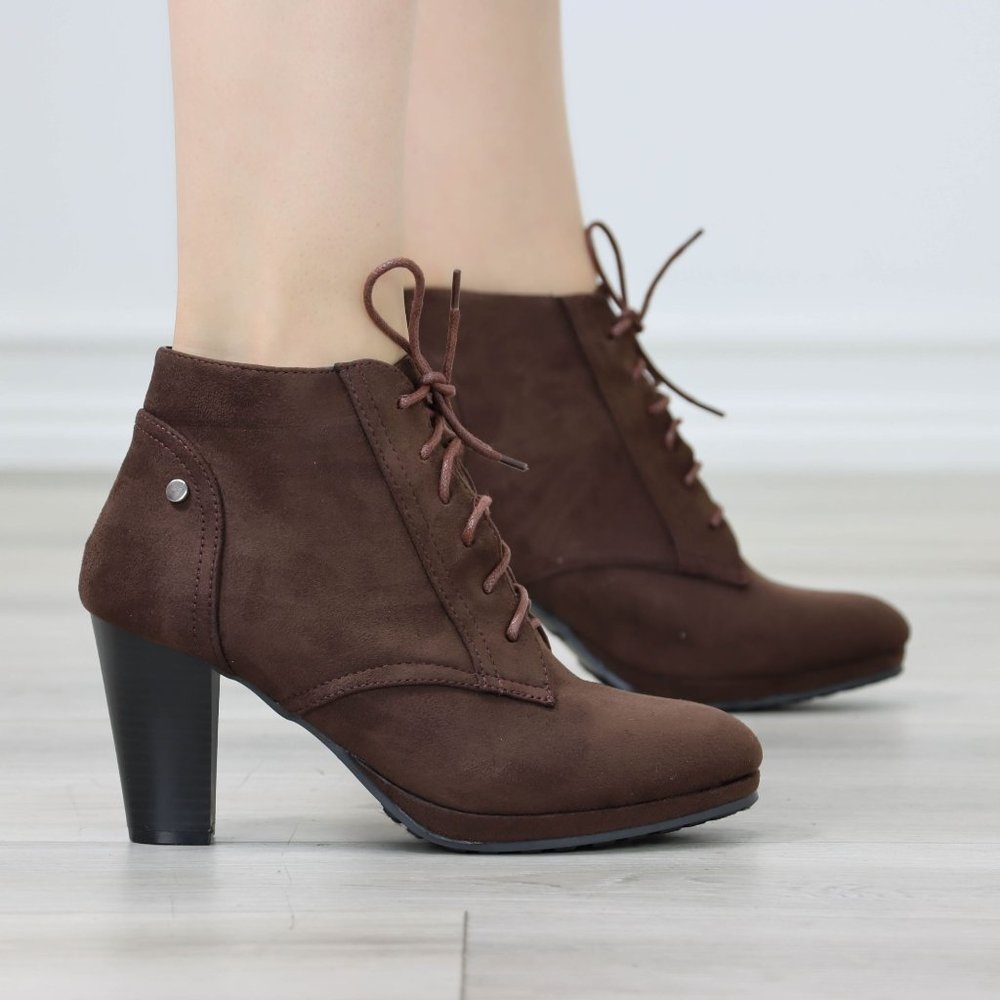 Womens Ankle Boots Lace Up Block Heel Booties Brown Faux Suede - Picture 4 of 11